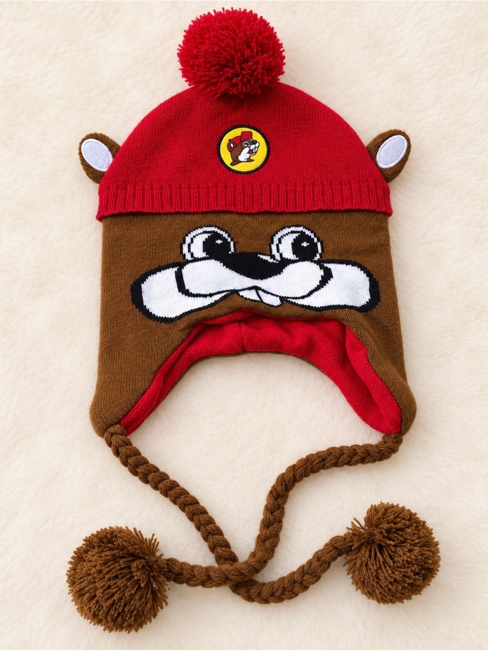 Buc-ee's Kids Red & Brown Beaver Earflap Pom Pom Hat